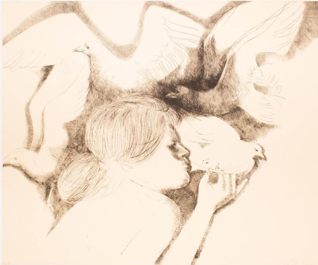 Emilio Greco - Doves and Seagulls: Artist: Emilio Greco Title: Doves and Seagulls Year: 1983 Dimensions: 16in. by 19in. Edition: From the rare limited edition of 150 Medium: Original Etching