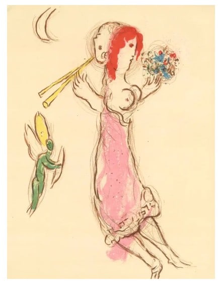 Marc Chagall - Daohnis et Chloe: Artist: Marc Chagall Title: Daohnis et Chloe Dimensions: 9 5/8 x 12 3/8 in. Edition: From the rare limited edition Publisher: Mourlot Suite: XXe Siecle No. 14</
