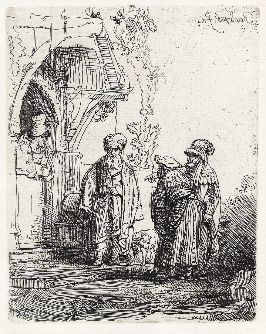 Rembrandt Harmensz van Rijn: Artist: Rembrandt Harmensz van Rijn Title: Three Oriental Figures (Jacob and Laban) Reversed Year: 1868 Dimensions: 4 1/4 x 5 5/8 in. Edition: From the Rare Limited Edition Medium: Original Etching