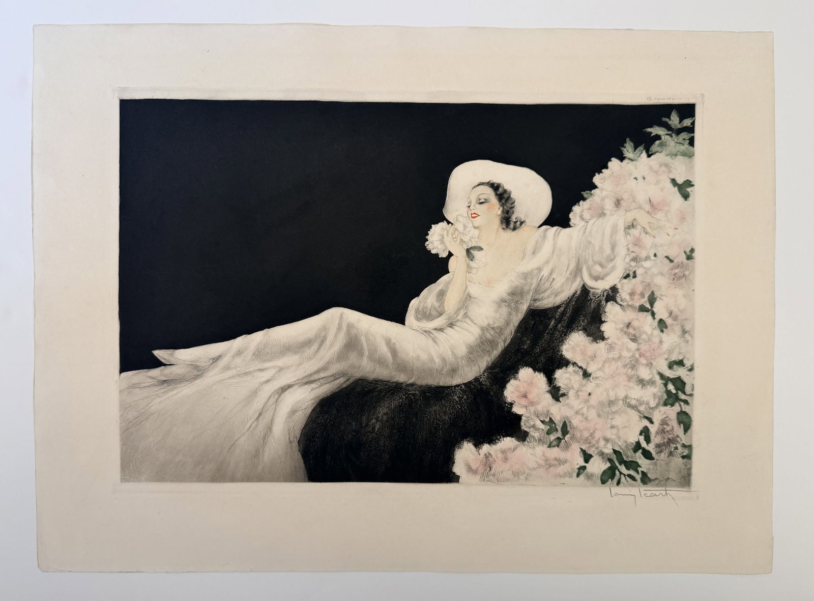 Louis Icart - Loves Blossom (Parfum de Fleurs): Artist: Louis Icart Title: Loves Blossom (Parfum de Fleurs) Year: 1937 Dimensions: 28 1/2 x 20 in. Edition: From the rare limited edition Medium: Hand-colored soft ground Etching on paper Condition: