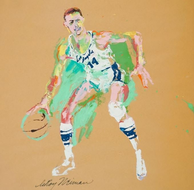 Leroy Neiman - Darrall Imhoff Los Angeles Lakers: Artist: Leroy Neiman Title: Darrall Imhoff Los Angeles Lakers Year: c. 1921-2012 Dimensions: 17 3/4in. by 17 1/4in. Edition: Unique original one of a kind artwork Medium: Original mixed media on