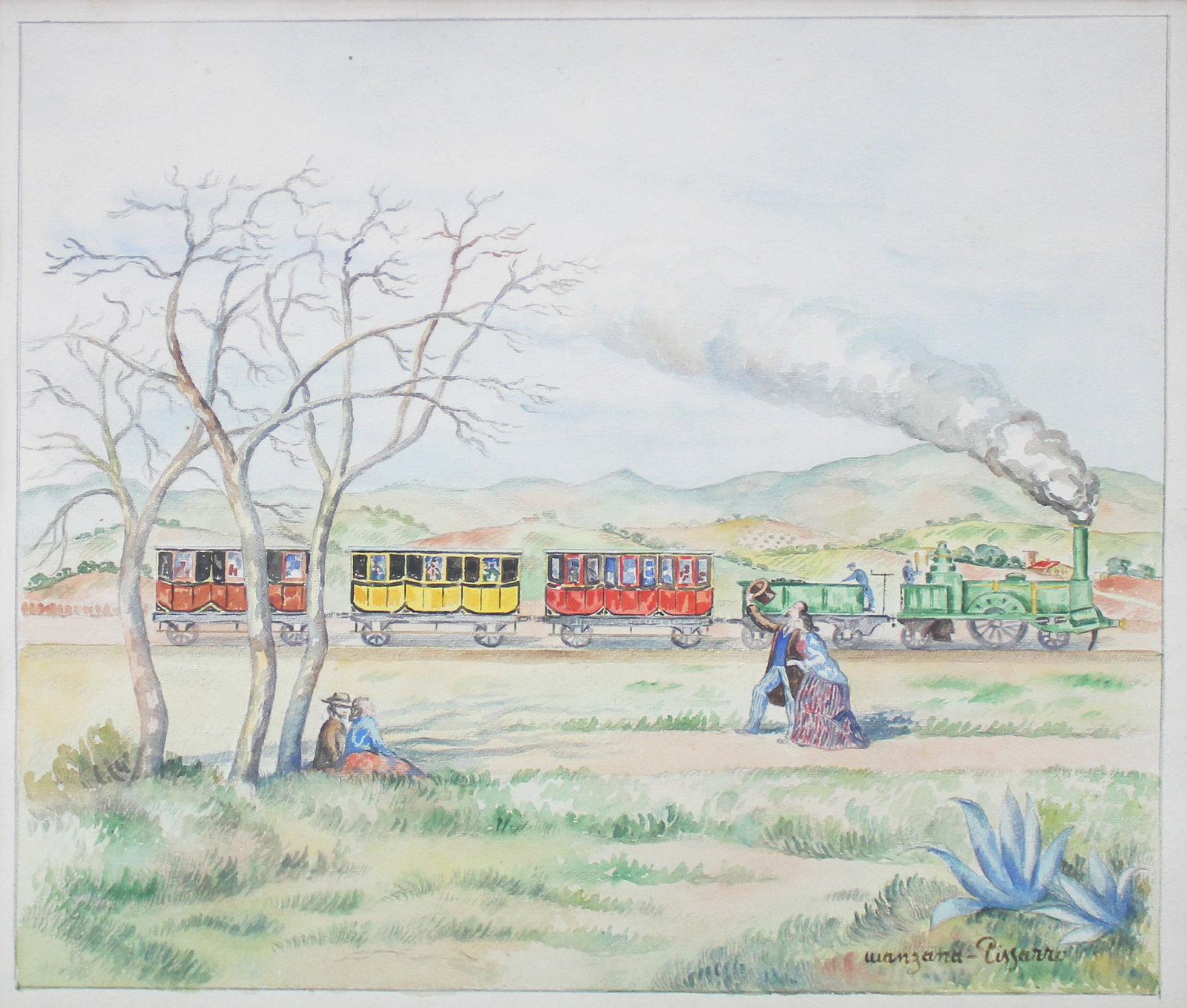 Georges Henri Manzana Pissarro - Untitled Landscape: Artist: Georges Henri Manzana Pissarro Title: Untitled Landscape with Figures and Train Dimensions: 19in. by 18in. Edition: Unique Rare One of a Kind Artwork Medium: Original