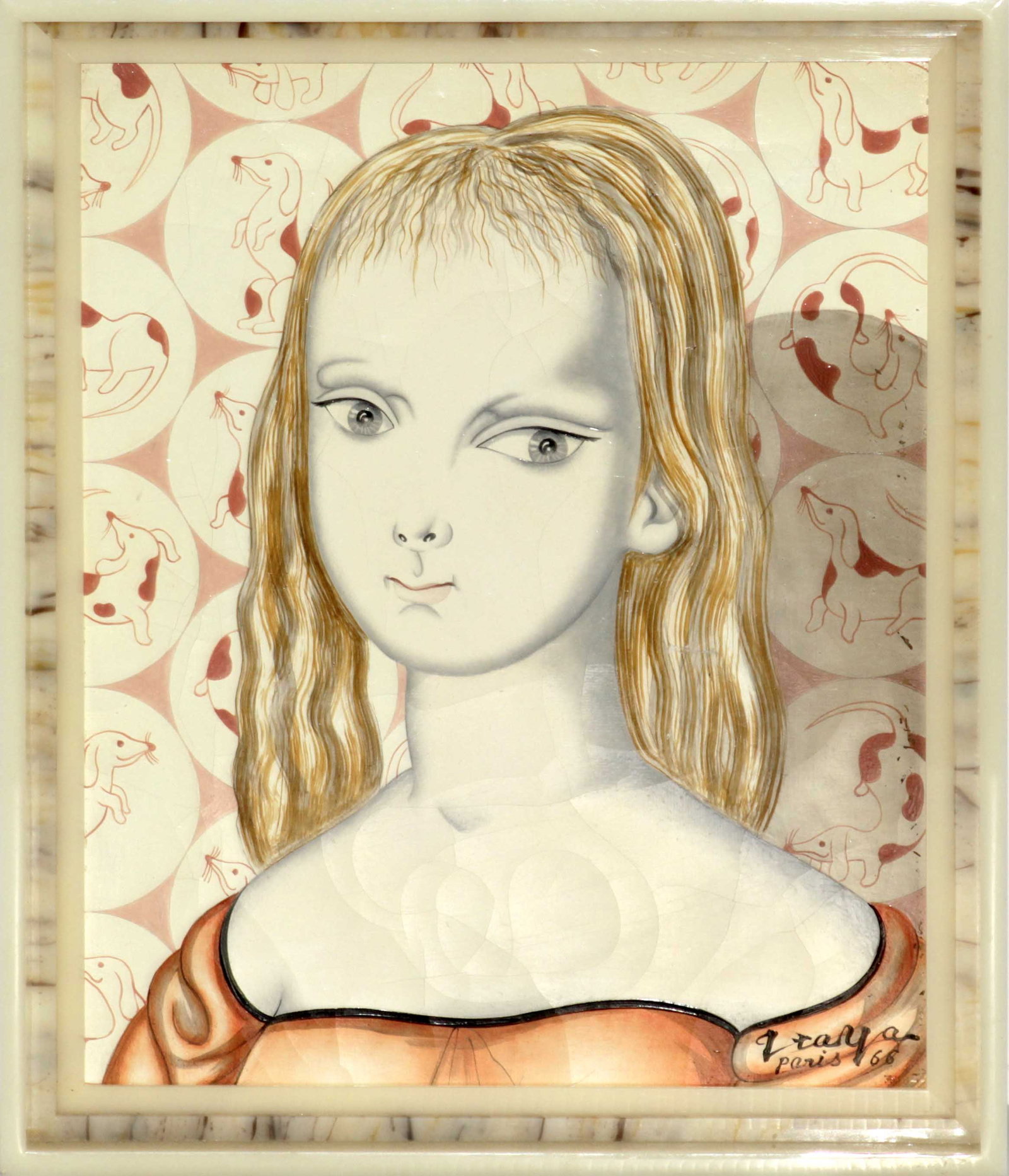 Foussa Itaya - Portrait of a Girl with Daschun Wall Paper: Artist: Foussa Itaya Title: Portrait of a Girl with Daschun Wall Paper Year: 1966 Dimensions: 10in. by 8in. Edition: A unique and original work of art Medium: Original oil on canvas Condition:
