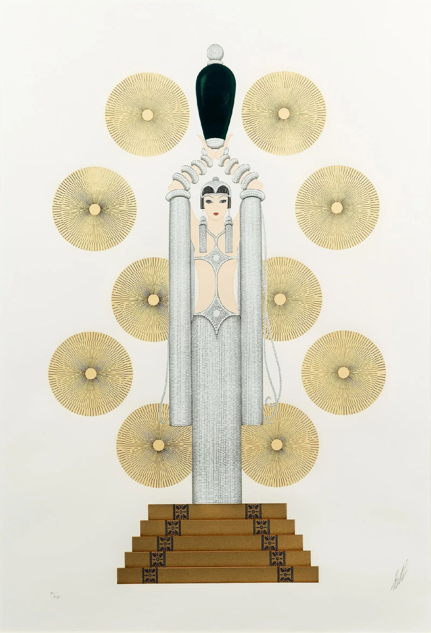 Erte - Emerald Vase I: Artist: Erte Title: Emerald Vase I Year: 1986 Dimensions: 44 x 32 in. Edition: from the limited edition of 275 Publisher: Chalk & Vermilion Fine Arts, Ltd. Medium: Serigraph in colors with foil
