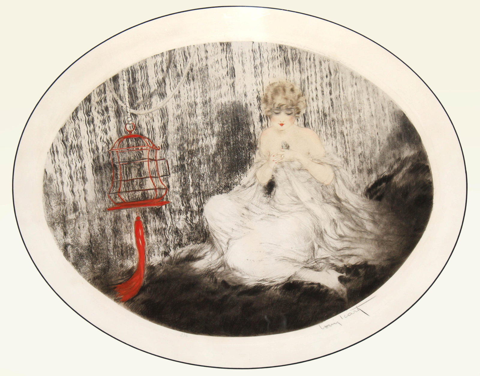 Louis Icart - Preferred One: Artist: Louis Icart Title: Preferred One Year: 1925 Dimensions: 14in. by 18.5in. Edition: From the rare limited edition Medium: Original drypoint etching with hand coloring on paper Condition: Mint