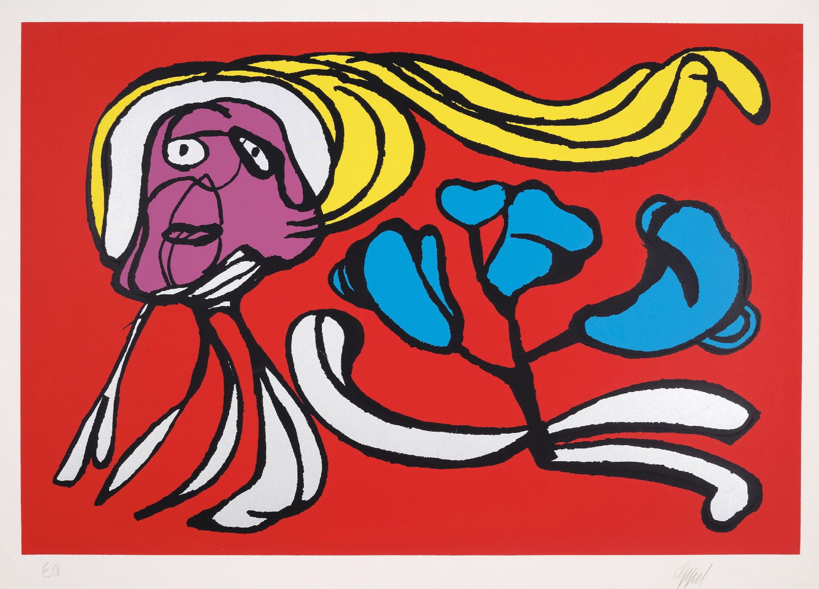 Karel Appel - Untitled: Artist: Karel Appel Title: Untitled Year: 1978 Dimensions: 29 3/4 x 40 in. Edition: E.A. aside from the edition of 100 Suite: Floating Red Passion Medium: Screenprint with silver mylar on wove paper