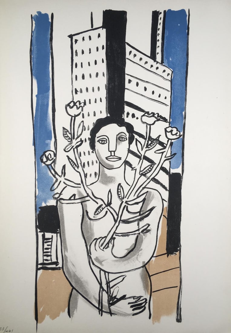 Fernand Leger - La Femme a la fleur (The Woman and the Flower): Artist: Fernand Leger Title: La Femme a la fleur (The Woman and the Flower) Year: 1960 Dimensions: 10 1/2in. by 15in. Edition: Limited Edition of 250 (numbered 12 to 261) Publisher: Francais Reunis