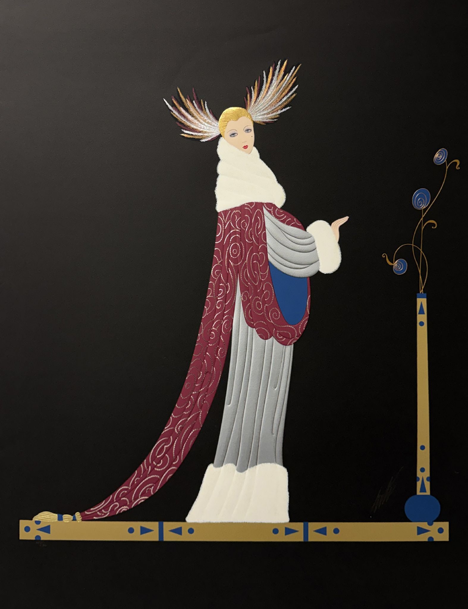 Erte - Ermine Brocade: Artist: Erte Title: Ermine Brocade Year: 1987 Dimensions: 40 1/4 x 28 3/4 in. Edition: 127 from the limited edition of 300 Publisher: Chalk & Vermilion Fine Arts, Ltd. Medium: Serigraph in colors