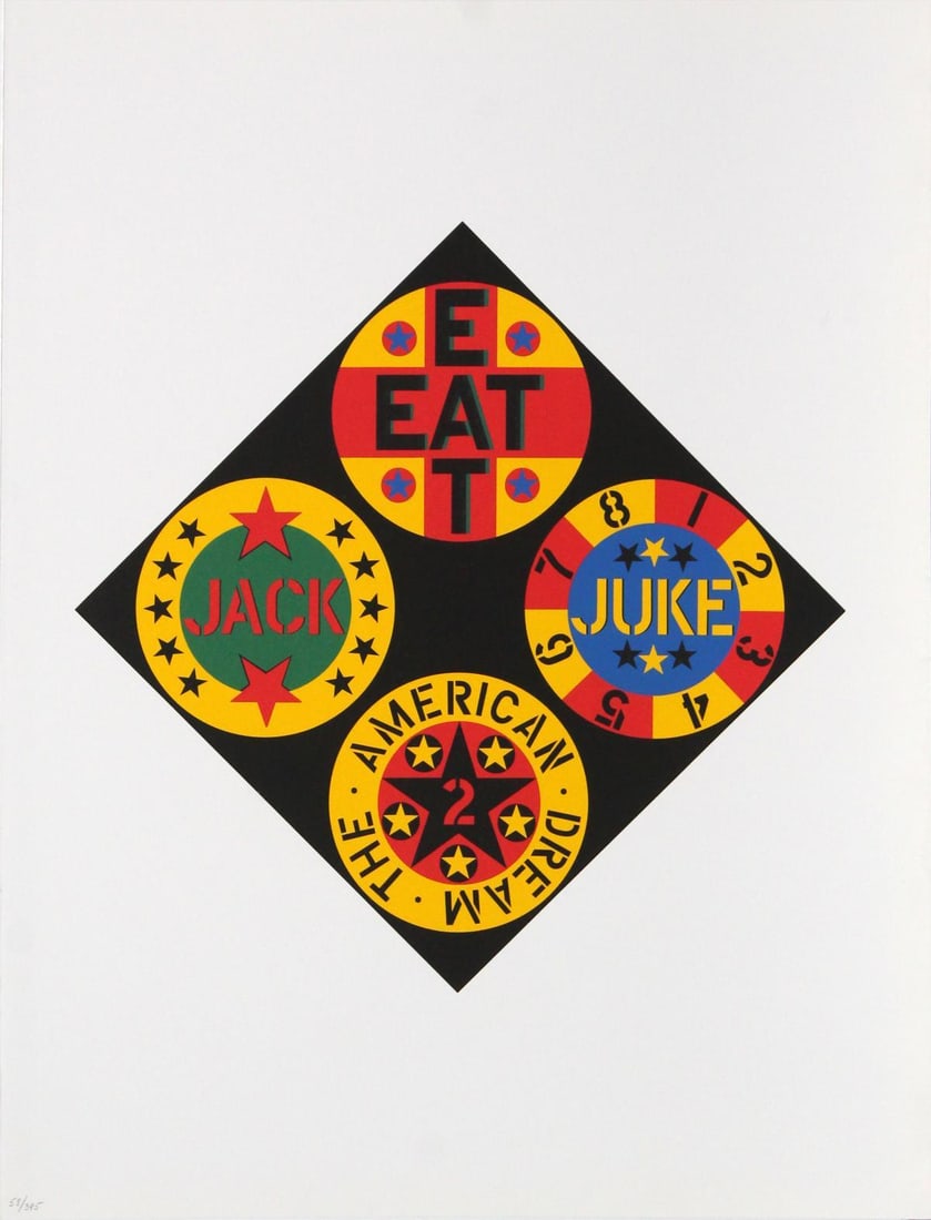 Robert Indiana - Black Diamond: Artist: Robert Indiana Title: Black Diamond Year: 1997 Dimensions: 22in. by 17in. Edition: From the rare limited edition of 395 Suite: The American Dream Medium: Original color serigraph on paper