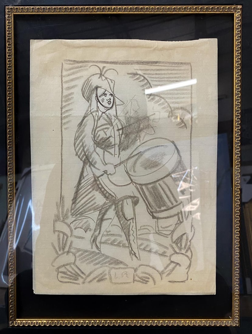 Ludovic-Rodo Pissarro - Drummer: Artist: Ludovic-Rodo Pissarro Title: Drummer Dimensions: 7.5in. by 10in. Edition: Rare one-of-a-kind work of art Medium: Original Pencil Drawing on Lined Paper Cond