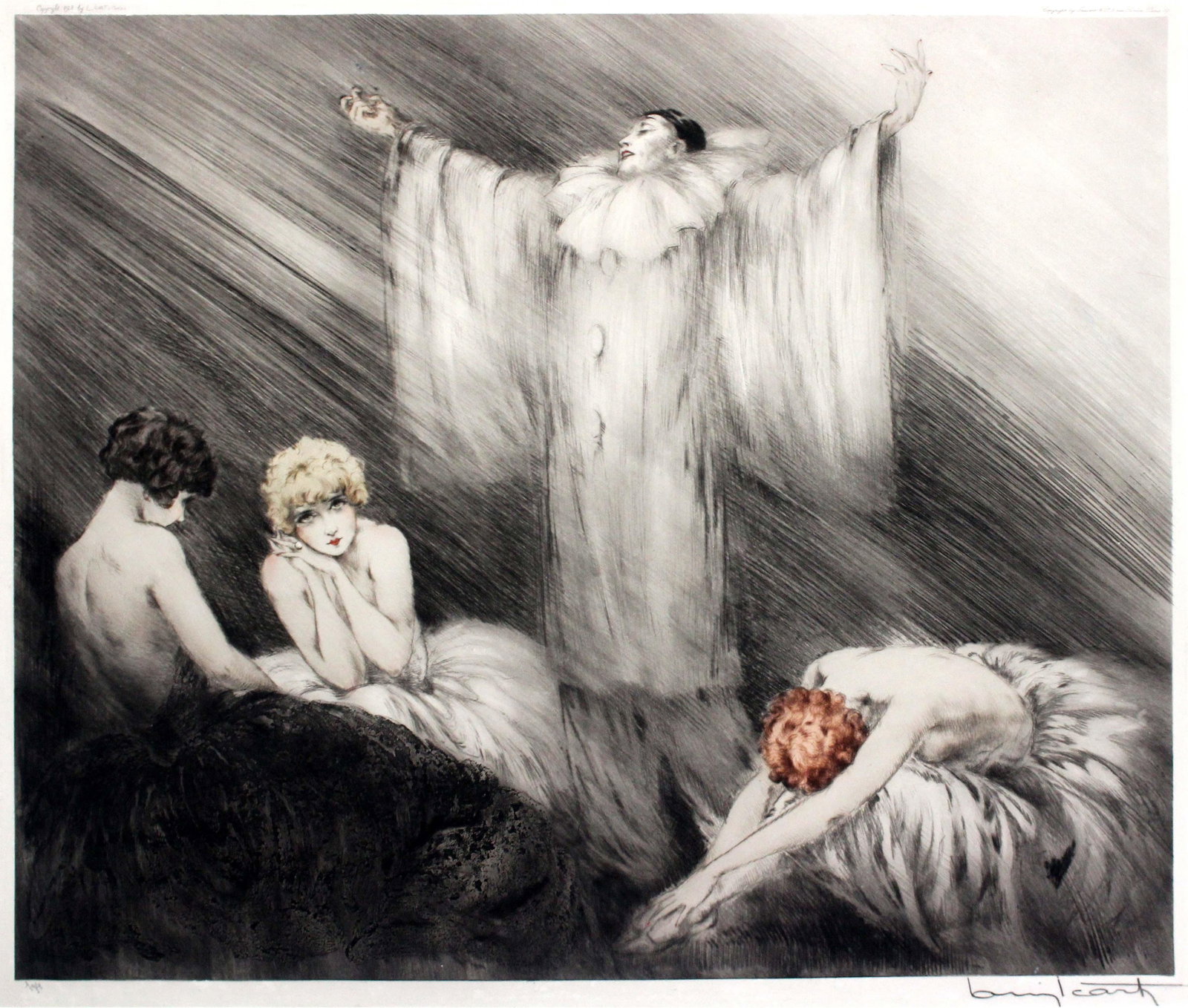 Louis Icart - The Poem: Artist: Louis Icart Title: The Poem Year: 1928 Dimensions: 18in. by 21.75in. Edition: From the limited edition Medium: Original etching on paper Condition: Mint Signature Details: Hand signed by the