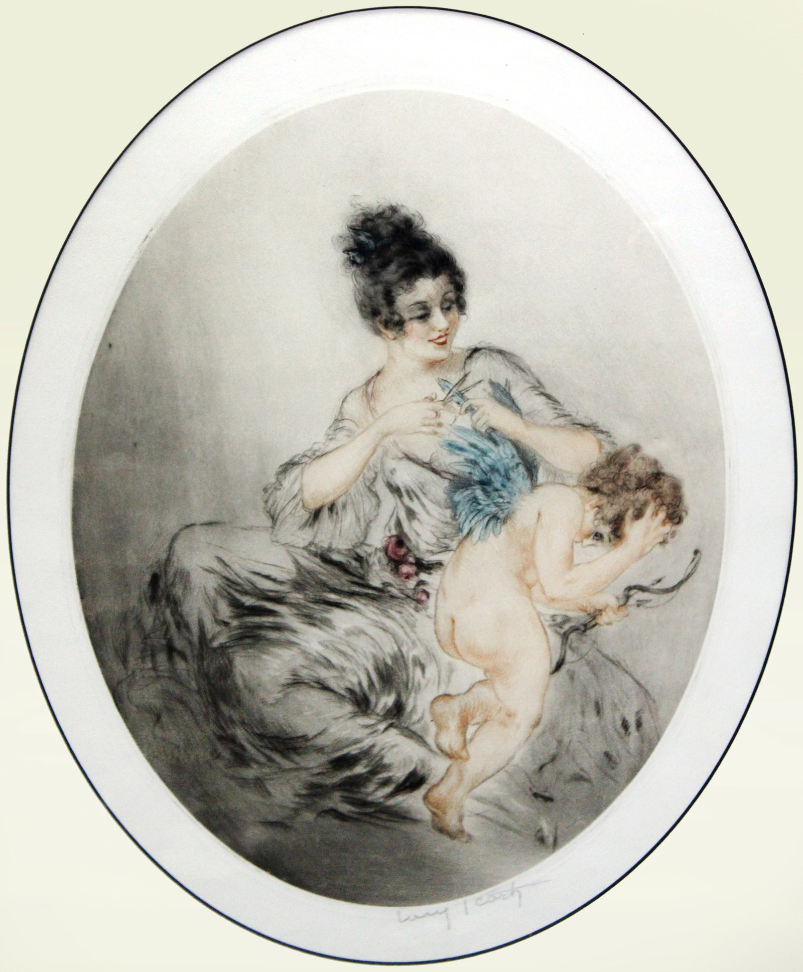 Louis Icart - Clipped Wings: Artist: Louis Icart Title: Clipped Wings Year: c 1922 Dimensions: 15in. by 11.5in. Edition: From the rare limited edition Medium: Original dry point etching with hand watercoloring on paper