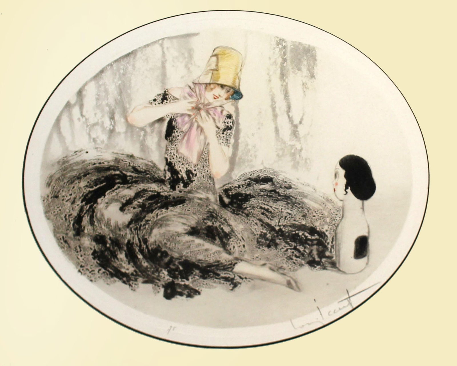Louis Icart - New Hat: Artist: Louis Icart Title: New Hat Year: 1924 Dimensions: 15.5in. by 19.5in. Edition: 78 from the rare limited edition of 250 impressions Medium: Original dry point etching and hand watercolor on
