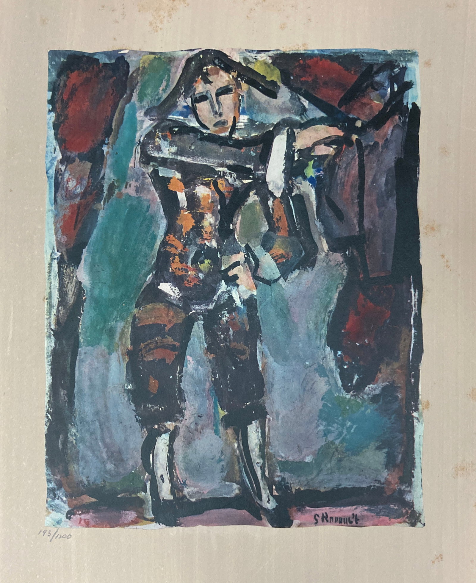 Georges Rouault - Arlequin: Artist: Georges Rouault Title: Arlequin Year: 1943 Dimensions: 17 x 12 1/2 in. Edition: From the rare limited edition of 1200 Publisher: Revue Verve Suite: Divertissement Medium: Lithograph on arches