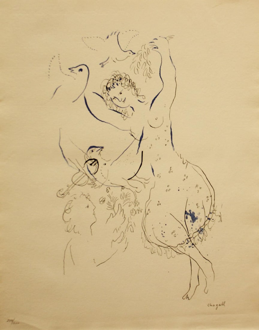 Marc Chagall - La Danseuse Aux Oiseaux: Artist: Marc Chagall Title: La Danseuse Aux Oiseaux Year: 1958 Dimensions: 19.5in. by 15.5in. Edition: From the Rare Limited Edition of 300 Publisher: New York Graphic Society Suite: Couleur Amour