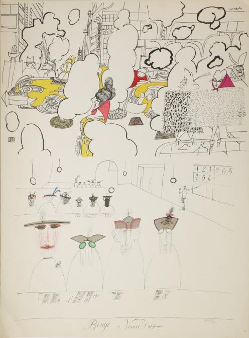 Saul Steinberg - Untitled Street Scene: Artist: Saul Steinberg Title: Untitled Street Scene Year: 1953 Dimensions: 11in. by 15in. Edition: From the rare limited artist edition Suite: Derriere Le Miroi