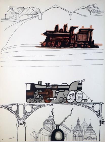 Saul Steinberg - Locomotives: Artist: Saul Steinberg Title: Locomotives Year: 1953 Dimensions: 11in. by 15in. Edition: From the rare limited artist edition Suite: Derriere Le Miroir 53-54 Medium: Original Lithograph on Paper