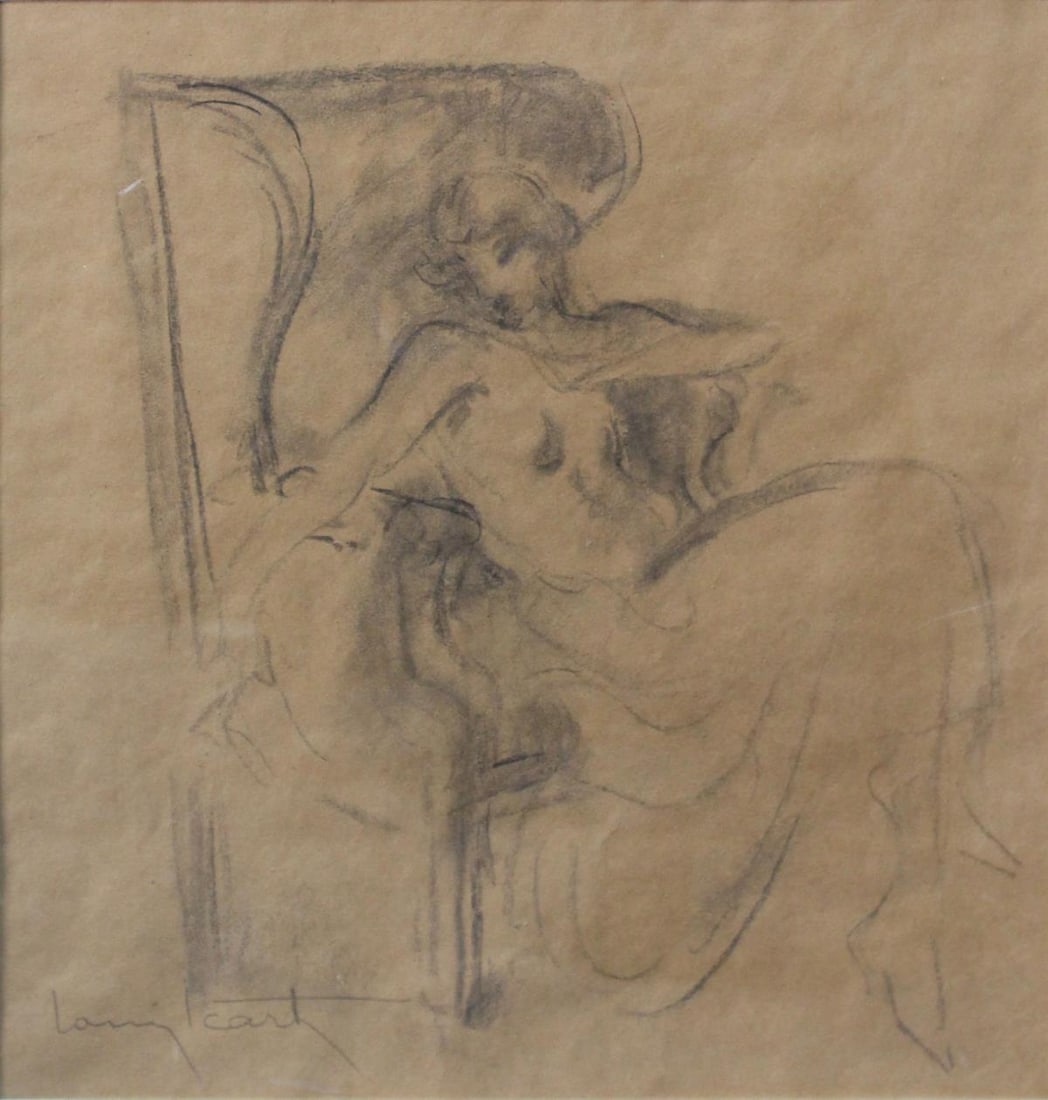 Louis Icart - Maquette for Day Dreaming: Artist: Louis Icart Title: Maquette for Day Dreaming Dimensions: 14in. by 15in. Edition: Rare one-of-a-kind work of art Medium: Original charcoal maquette for Meditation on brown paper Condition: