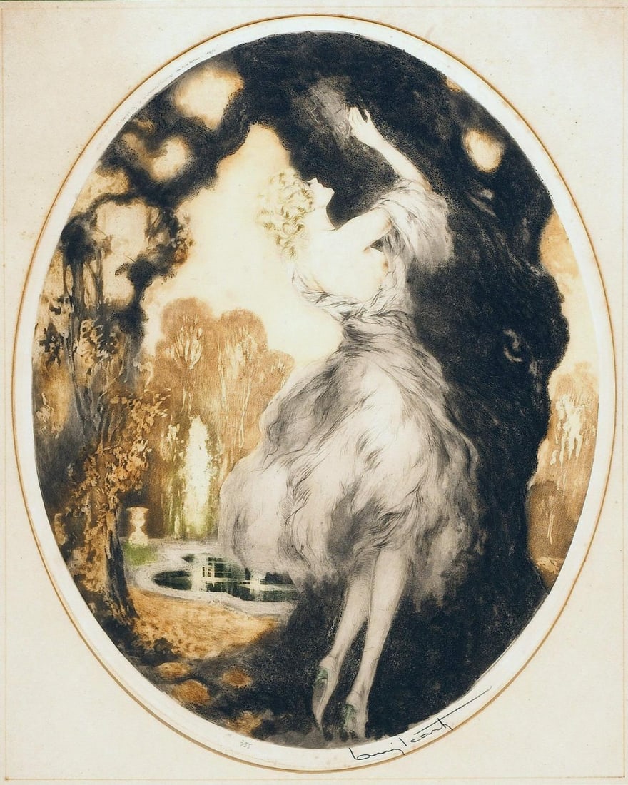 Louis Icart - My Secret Love: Artist: Louis Icart Title: My Secret Love Year: 1927 Dimensions: 18 1/4in. by 14 1/2in. Edition: From the rare limited edition Medium: Original drypoint etching with hand coloring on paper Condition: