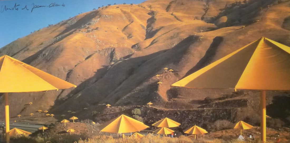 Christo - The Umbrellas Los Angeles II: Artist: Christo Title: The Umbrellas Los Angeles II Dimensions: 19 x 39 in. Edition: From the rare limited edition Medium: Original offset lithograph on paper Condition: Excellent Signature Details: