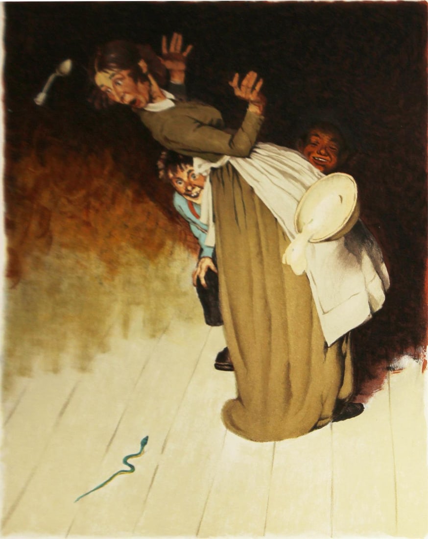 Norman Rockwell - Aunt Sally and the Snake: Artist: Norman Rockwell Title: Aunt Sally and the Snake Dimensions: 25 3/4in. by 19.5in. Edition: from the limited edition of 200 Suite: Huck Finn Medium: Original lithograph on paper. Condition: