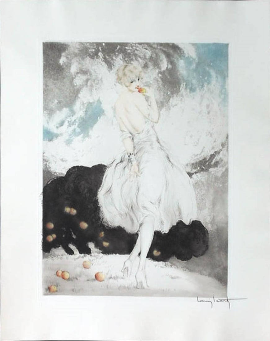 Louis Icart - Forbidden Fruit: Artist: Louis Icart Title: Forbidden Fruit Year: 1926 Dimensions: 16.5in. by 12in. Edition: From the rare limited edition of 250 Medium: Original etching on paper with hand watercoloring Condition: