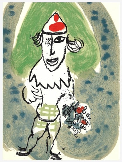 Marc Chagall - The Clown: Artist: Marc Chagall Title: The Clown Year: 1966 Dimensions: 10 x 7 1/2 in. Edition: From the rare limited edition of 1500 Publisher: Maeght, Paris, and Redfern Gallery, London Medium: Original