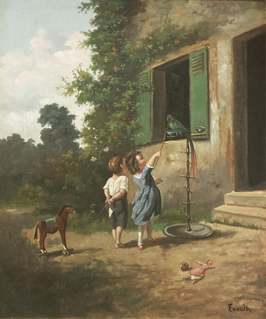 Alix Louise Enault - Children Playing with Parrot: Artist: Alix Louise Enault Title: Children Playing with Parrot Year: c1880 Dimensions: 25in. by 20.5in. Edition: Original one of a kind artwork Medium: Oil on canvas Condition: Excellent Signature