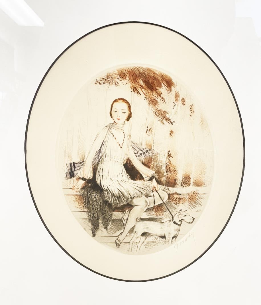 Jean Hardy - Girl with Dog: Artist: Jean Hardy Title: Girl with Dog Year: c. 1920s Dimensions: 24 in. by 28 1/2in. Edition: From the Rare Limited Edition Medium: Aquatint and Drypoint Etching in Colors Condition: Excellent
