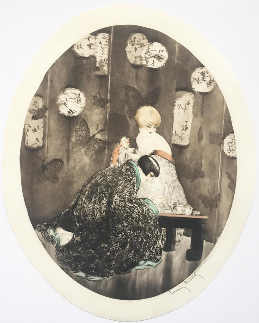 Louis Icart - Tea: Artist: Louis Icart Title: Tea Year: 1926 Dimensions: 19in. by 14 1/2in. Edition: From the Rare Limited Edition Medium: Original etching with hand coloring on p