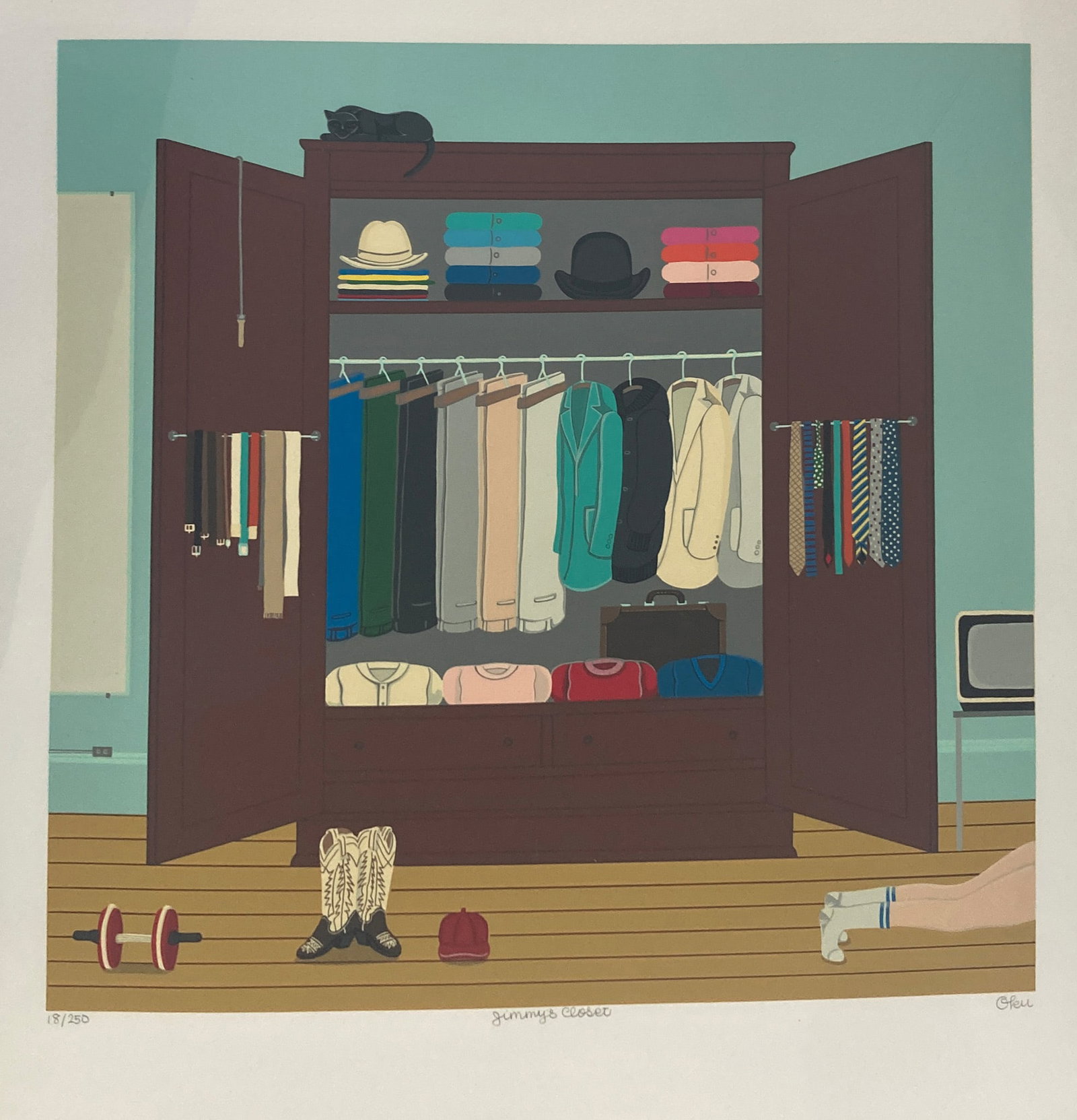 Shigeo Okumura - Jimmy's Closet: Artist: Shigeo Okumura Title: Jimmy's Closet Dimensions: 30 x 22 in. Edition: From the rare limited edition of 250 Medium: Color serigraph on paper Condition: Excellent Signature Details: Color