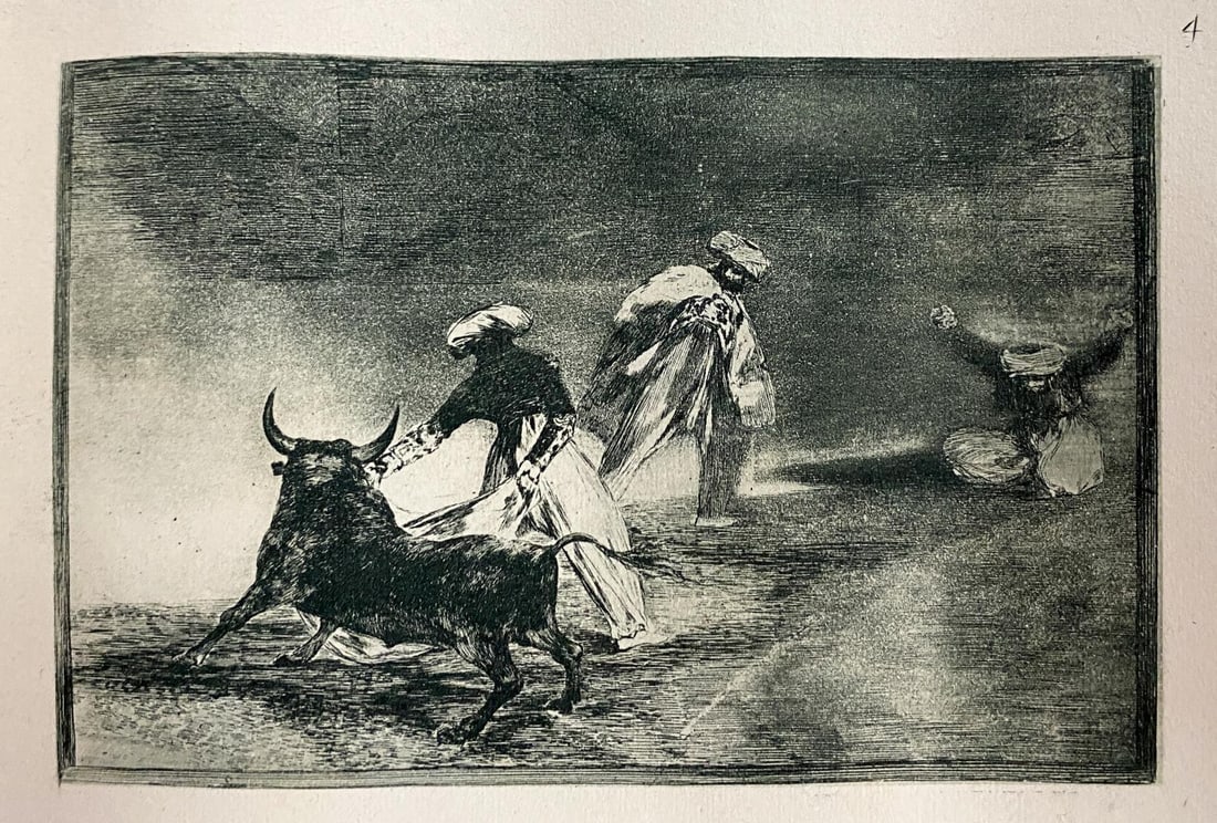 Francisco Goya - La Tauromaquia 4: Artist: Francisco Goya Title: La Tauromaquia 4 Year: 1944 Dimensions: 9.5in. by 6.75in. Edition: From the Rare Limited Edition of 500 Publisher: Editorial Victoria, Barcelona Suite: La Tauromaquia