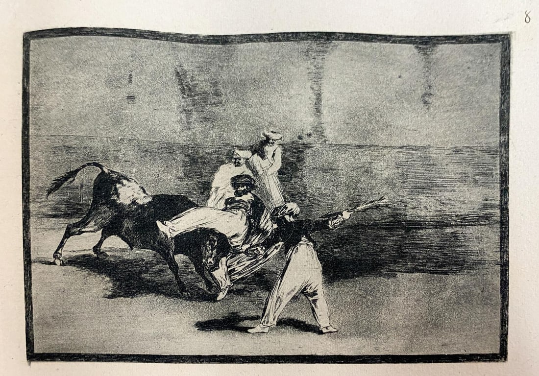 Francisco Goya - La Tauromaquia 8: Artist: Francisco Goya Title: La Tauromaquia 8 Year: 1944 Dimensions: 9.5in. by 6.75in. Edition: From the Rare Limited Edition of 500 Publisher: Editorial Victoria, Barcelona Suite: La Tauromaquia