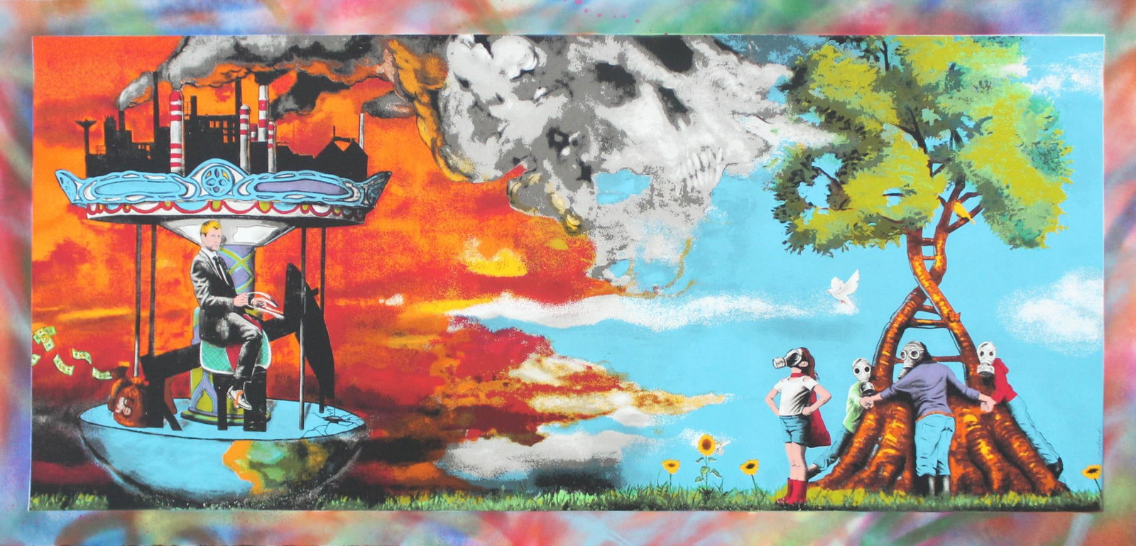 Hijack - Environmental Protection Squad: Artist: Hijack Title: Environmental Protection Squad Year: 2021 Dimensions: 24in. by 50in. Edition: Unique One of a Kind Artwork Medium: Giclee Print and Spray Paint on Paper Condition: Excellent