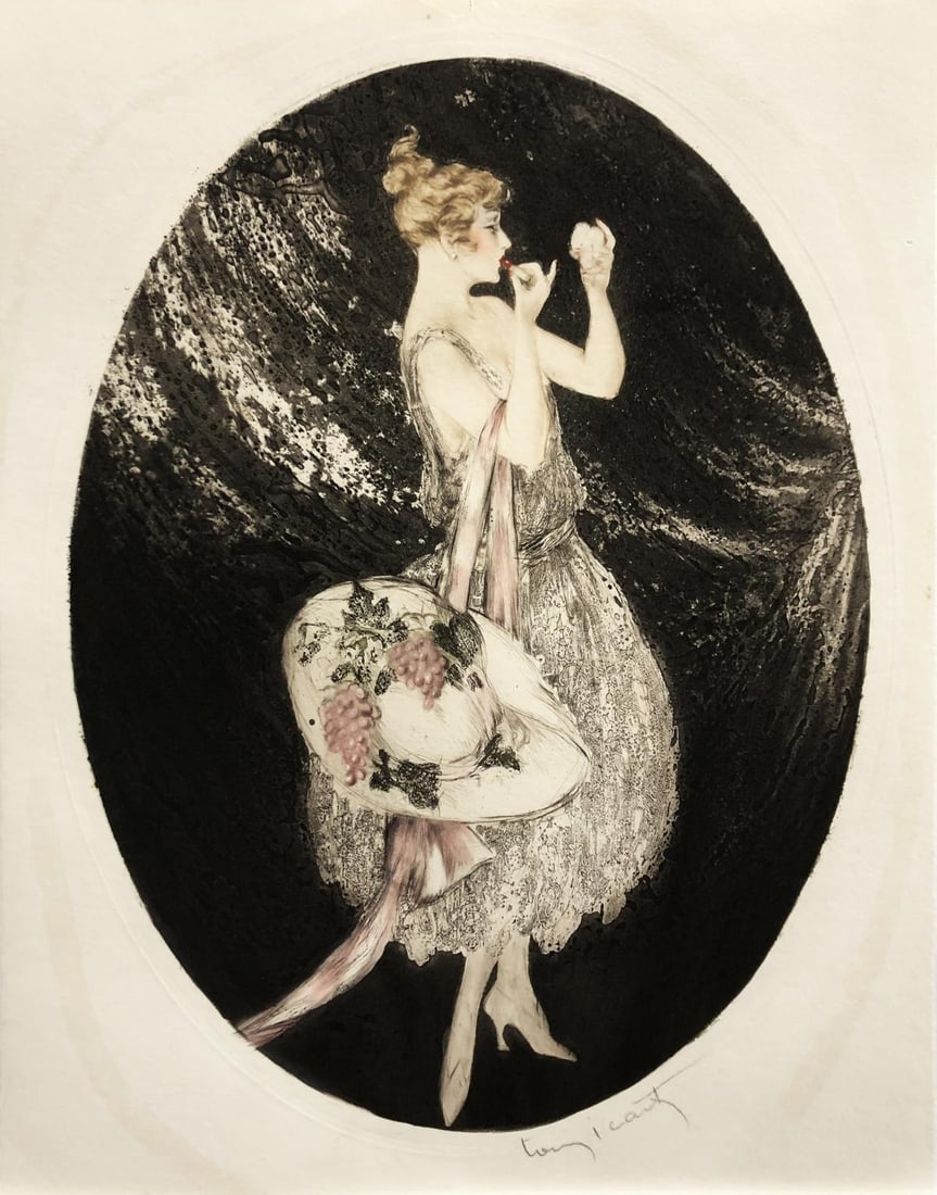 Louis Icart - Makeup: Artist: Louis Icart Title: Makeup Year: 1924 Dimensions: 17 5/8in. by 13 1/4in. Edition: From the rare limited edition Medium: Original drypoint etching with hand coloring on paper Condition: