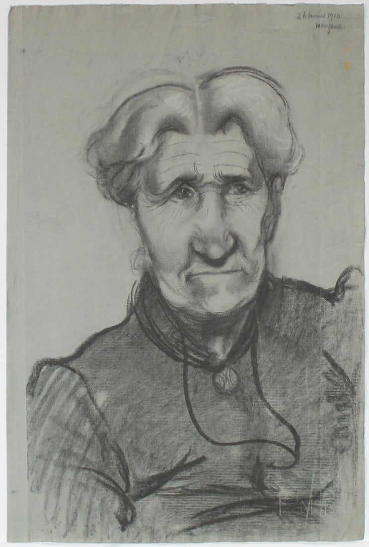 Georges Henri Manzana Pissarro - Untitled (Elderly: Artist: Georges Henri Manzana Pissarro Title: Untitled (Elderly Woman II) Year: 1910 Dimensions: 18 3/4in. by 13 1/4in. Edition: Unique Rare One of a Kind Artwork Medium: Original Charcoal and White