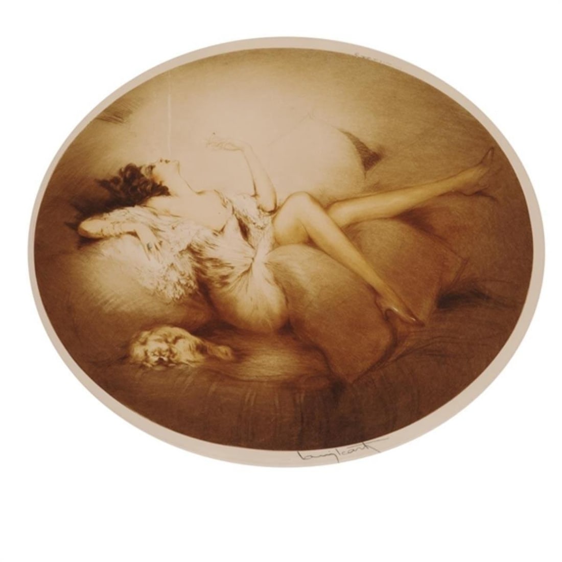 Louis Icart - Cigarette Memories: Artist: Louis Icart Title: Cigarette Memories Year: 1931 Dimensions: 14 3/4in. by 17 5/8in. Edition: From the rare limited edition Medium: Original drypoint etching with hand coloring on paper