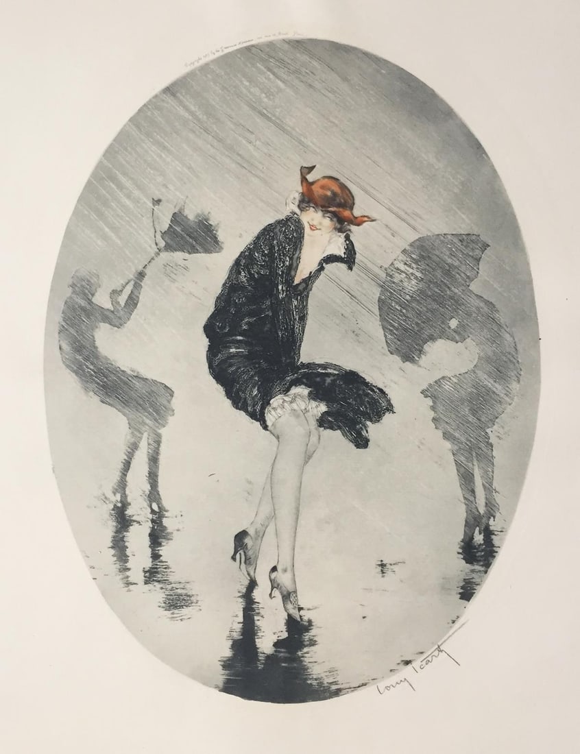 Louis Icart - Rain: Artist: Louis Icart Title: Rain Year: 1925 Dimensions: 18 1/2in. by 13 3/4in. Edition: From the rare limited edition Medium: Etching and aquatint with hand watercoloring on paper Condition: Excellent
