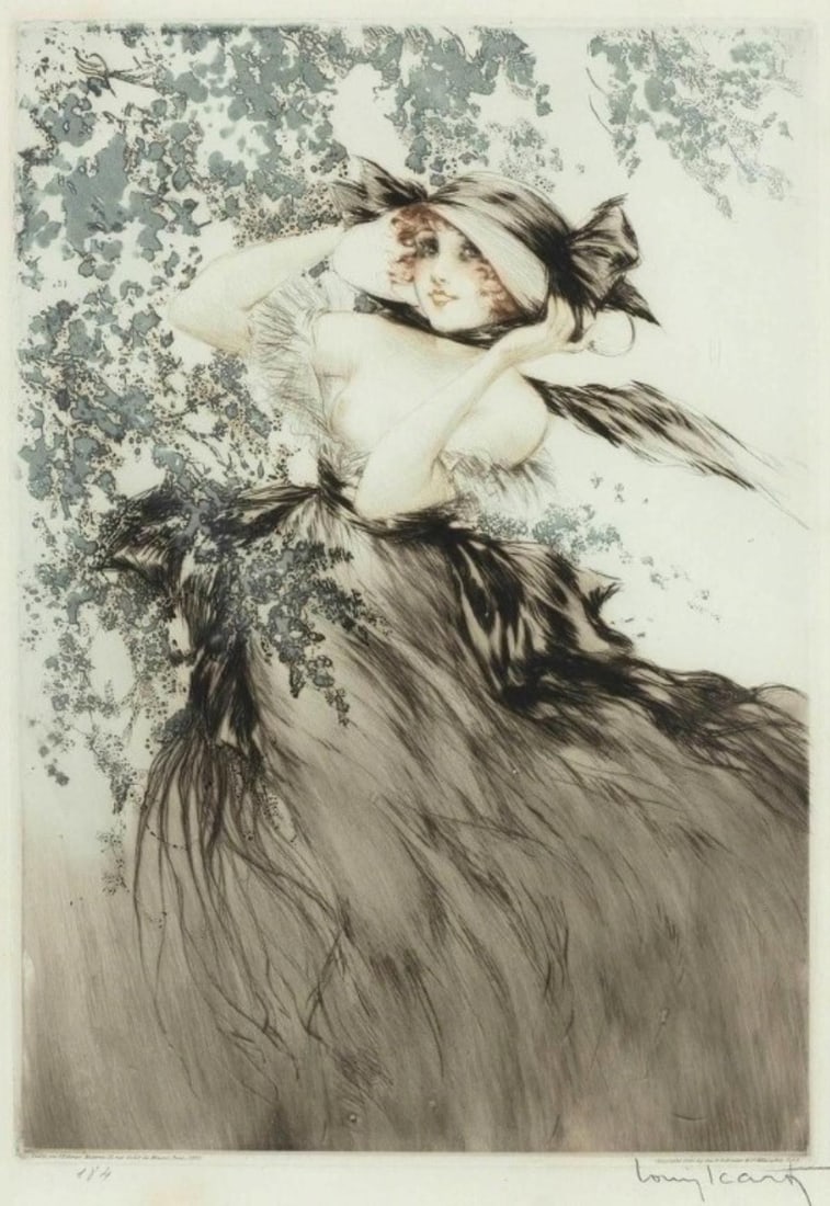 Louis Icart - Black Bows: Artist: Louis Icart Title: Black Bows Year: 1925 Dimensions: 23 1/4in. by 16 5/8in. Edition: From the rare limited edition Medium: Original etching with hand water coloring on paper Condition: