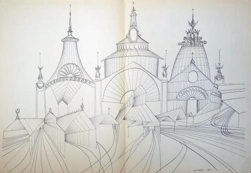 Saul Steinberg - The Grand Station II: Artist: Saul Steinberg Title: The Grand Station II Year: 1953 Dimensions: 22in. by 15in. Edition: From the rare limited artist edition Suite: Derriere Le Miroir