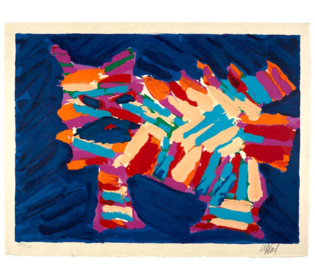 Karel Appel - Blue Cat: Artist: Karel Appel Title: Blue Cat Year: 1979 Dimensions: 24 5/8in. by 30 1/4in. Edition: From the rare limited edition of LXV Publisher: London Arts Inc. Detroit Suite: Cats Portfolio Medium: