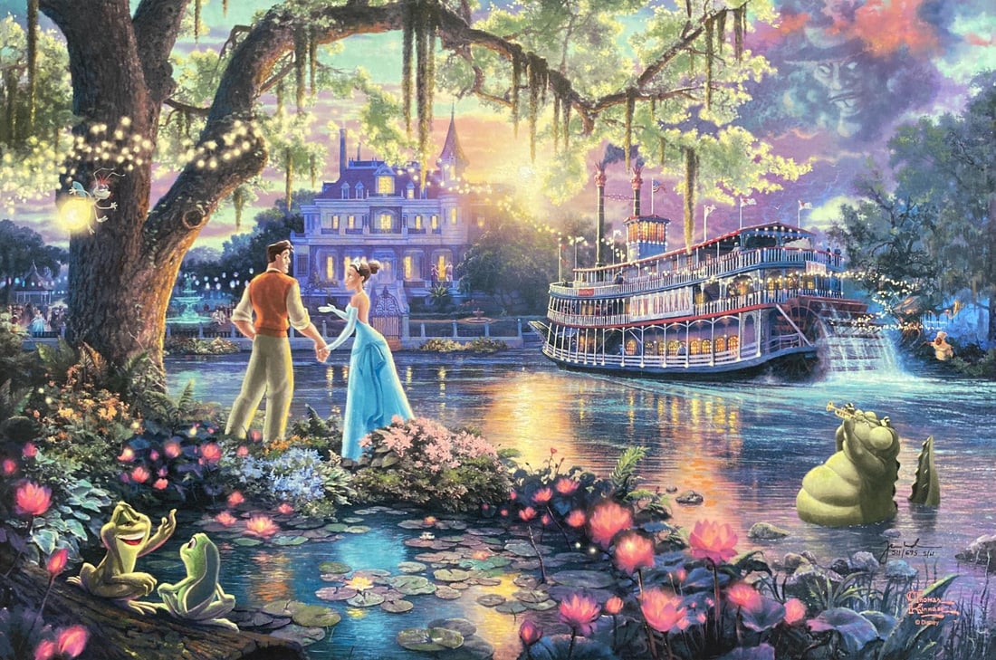 Thomas Kinkade Studios - The Princess and the Frog: Artist: Thomas Kinkade Studios Title: The Princess and the Frog Year: 2019 Dimensions: 27in. by 18in. Edition: Numbered from the Rare Limited Edition of 695 Publish