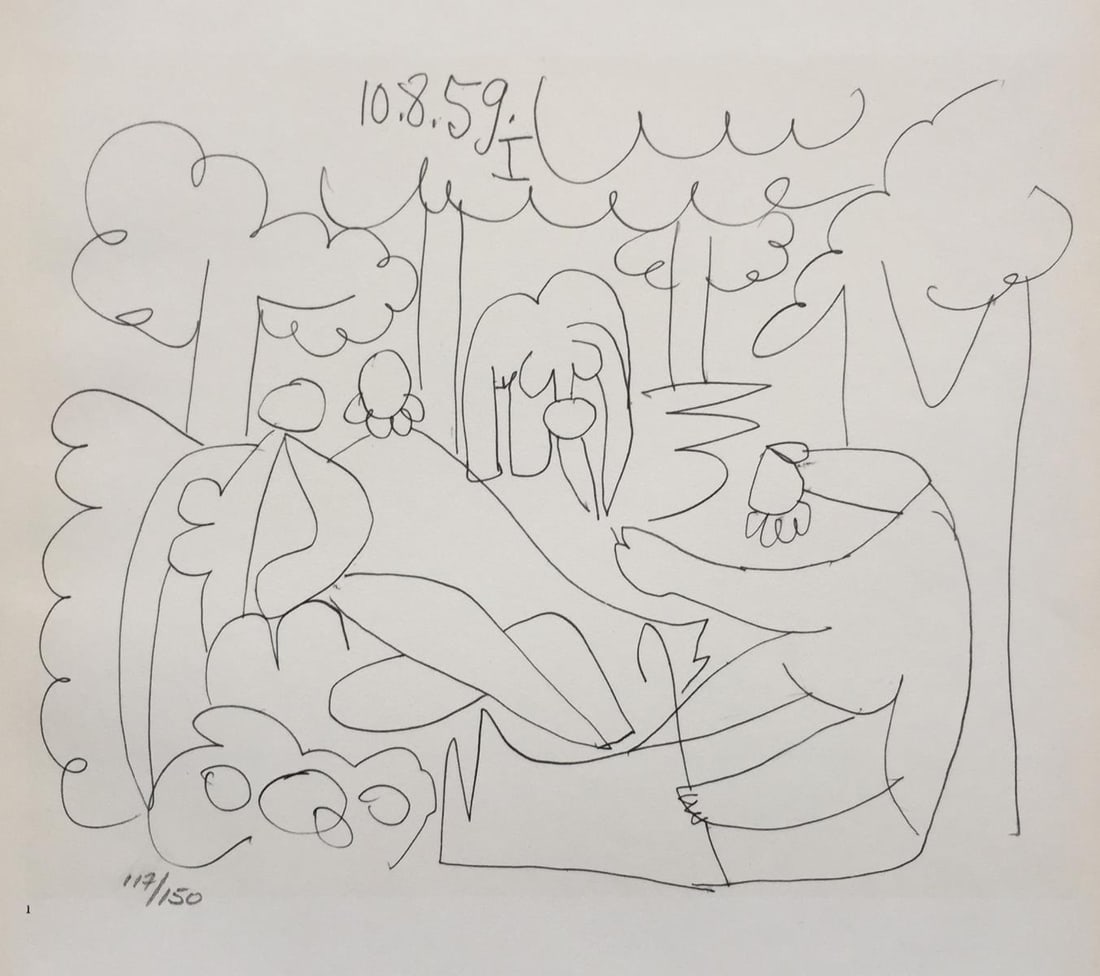 Pablo Picasso (After) - 10.8.59 I from "Les Dejeuneres": Artist: Pablo Picasso (After) Title: 10.8.59 I from "Les Dejeuneres" Year: 1962 Dimensions: 14 1/2in. by 10 1/2in. Edition: from the rare limited edition of 150 Publisher: Andre Sauret Paris Suite: Le
