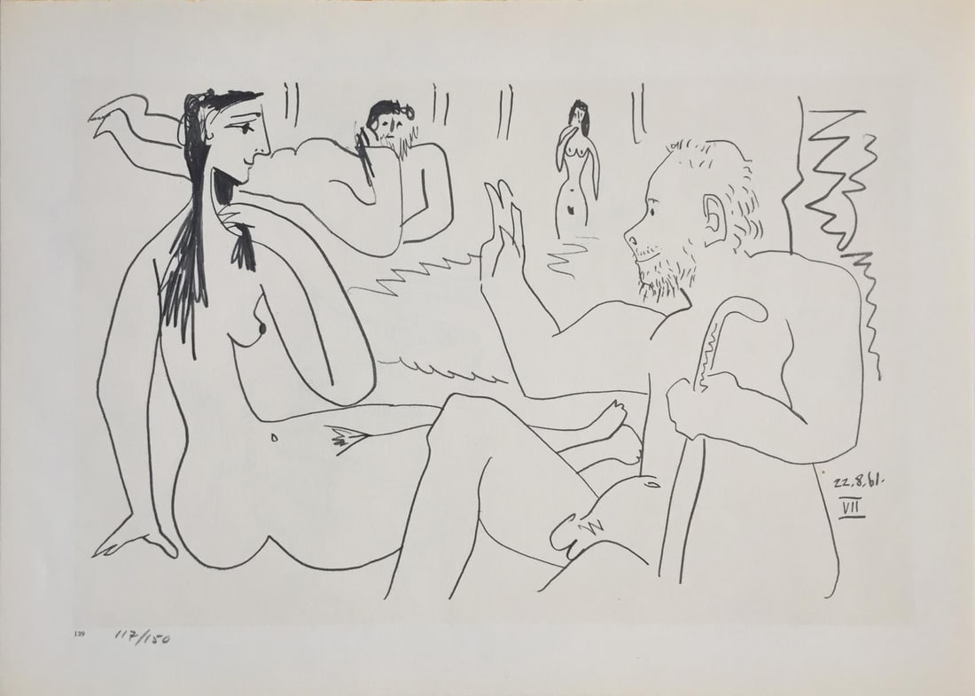 Pablo Picasso (After) - 22.8.61 VII from "Les: Artist: Pablo Picasso (After) Title: 22.8.61 VII from "Les Dejeuneres" Year: 1962 Dimensions: 14 1/2in. by 10 1/2in. Edition: from the rare limited edition of 150 Publisher: Andre Sauret Paris Suite: 