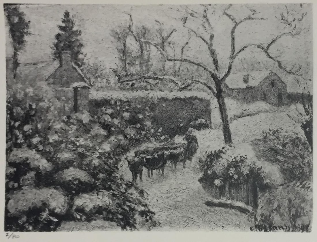 Camille Pissarro (After) - Effet de Neige: Artist: Camille Pissarro (After) Title: Effet de Neige Year: 1922 Dimensions: 9 3/8in. by 12 3/4in. Edition: From the Rare Limited Edition of 80 Publisher: Bernhein Jeune Medium: Offset Lithograph Sig