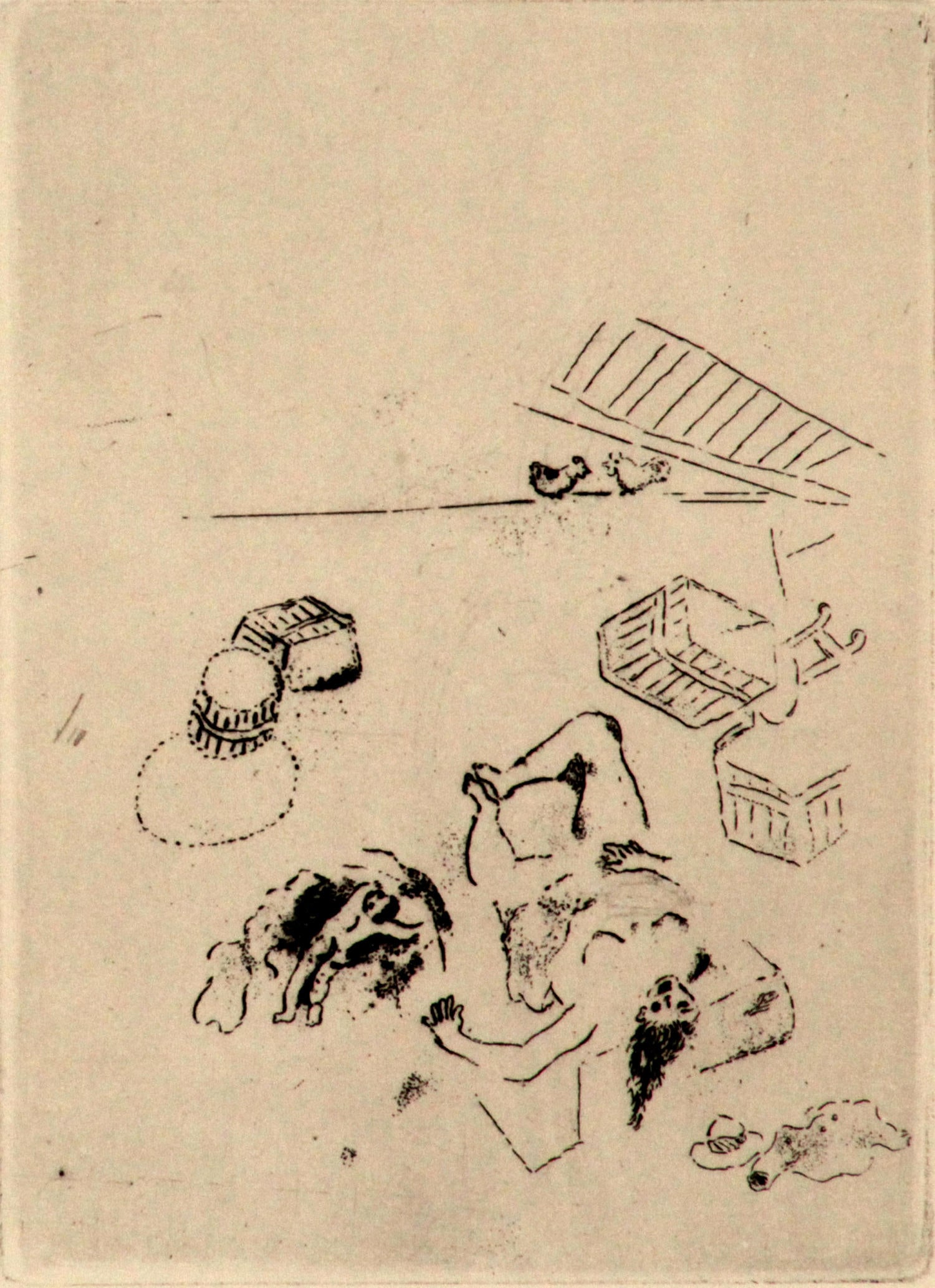 Marc Chagall - The Shaming: Artist: Marc Chagall Title: The Shaming Year: 1926 Dimensions: 6in. by 4in. Edition: From the rare limited edition Publisher: Sans Pareil Suite: Maternite Medium: Original drypoint etching on paper
