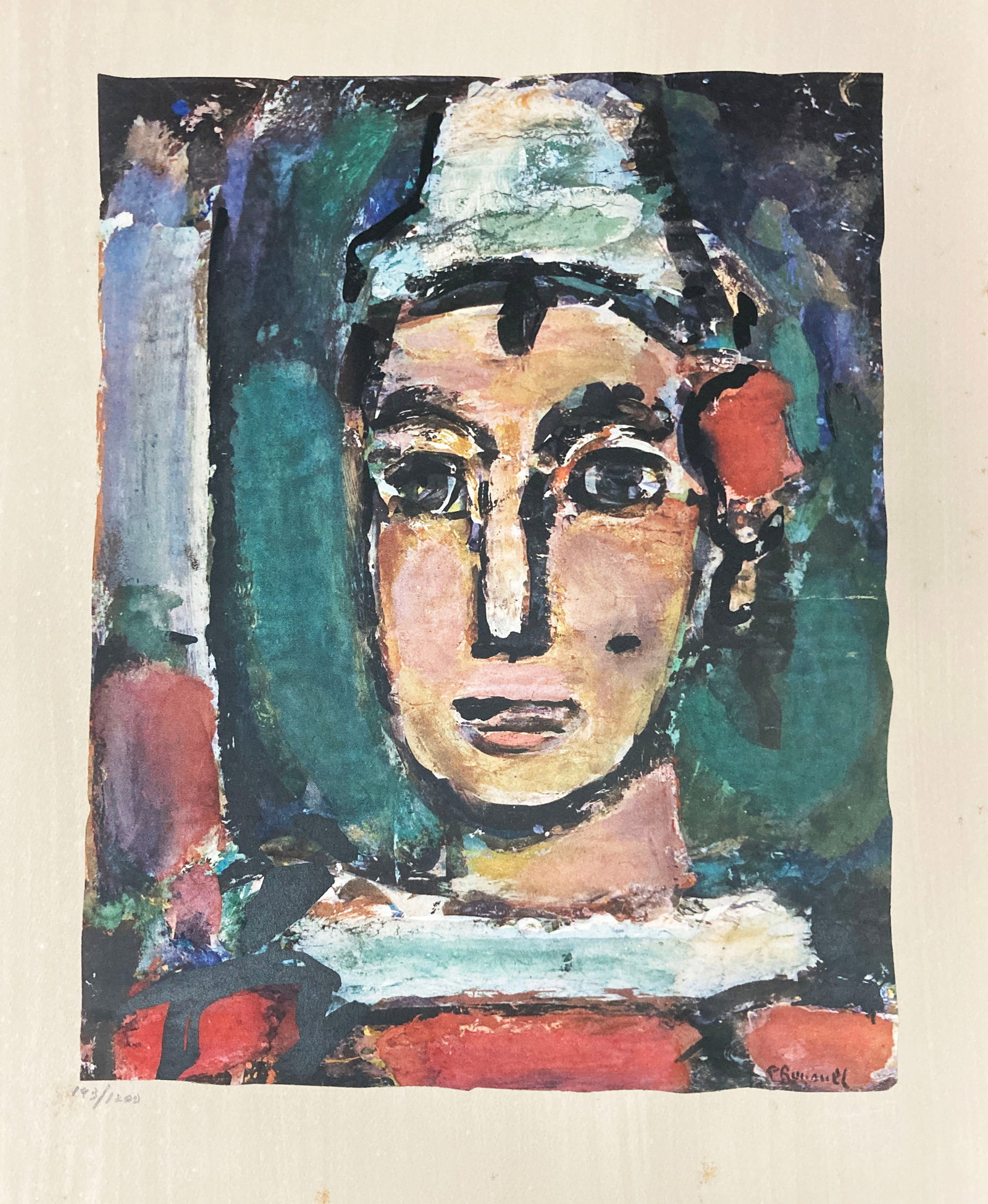 Georges Rouault - Jentie Bernard: Artist: Georges Rouault Title: Jentie Bernard Year: 1943 Dimensions: 17 x 12 1/2 in. Edition: From the rare limited edition of 1200 Publisher: Revue Verve Suite: Divertissement Medium: Lithograph on