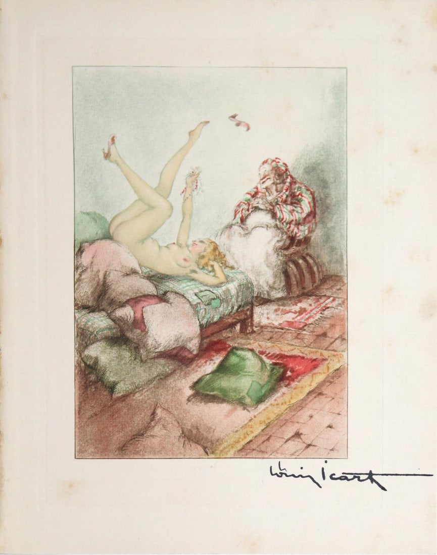Louis Icart - Pillows Galore: Artist: Louis Icart Title: Pillows Galore Year: 1935 Dimensions: 7 3/8in. by 9 1/4in. Edition: From the rare limited edition of 497 Publisher: Claude Prosper de Crebillon Suite: La Sopha Medium: