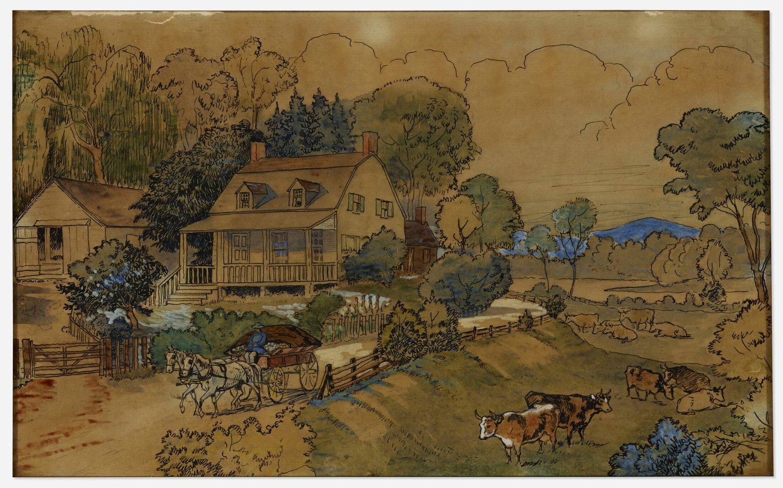 Edward Penfield - Homestead with Cows: Artist: Edward Penfield Title: Homestead with Cows Dimensions: 8in. by 12 1/2in. Edition: Unique One of a Kind Artwork Medium: Watercolor Gouache and Ink on Paper Condition: As Pictured Comes with
