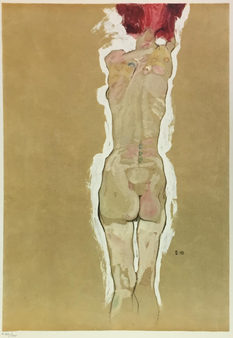 Egon Schiele (After) - Nude Girl Back View: Artist: Egon Schiele (After) Title: Nude Girl Back View Year: 1969 Dimensions: 19 3/4in. by 14 1/4in. Edition: From the Rare Limited Edition of 300 Publisher: Harry N. Abrams Inc. Suite: Watercolours
